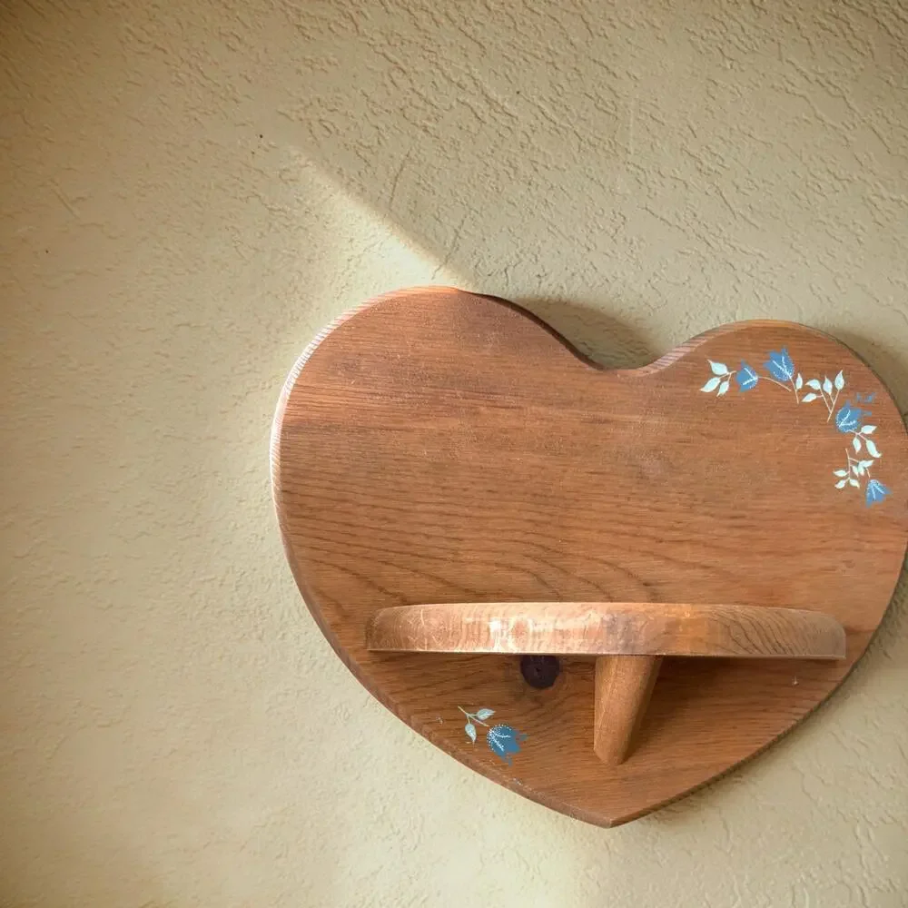 Vintage Wood Heart Wall Shelf Blue Tulip Stencil 1980s Country Cottage Folk Art